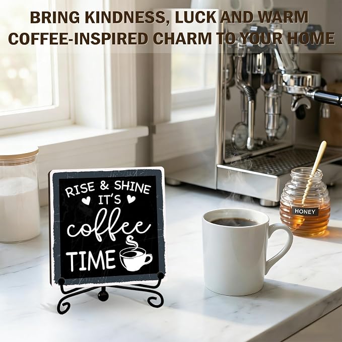 Funny Coffee Bar Decor, 5"x5" Coffee Bar Sign | Rise & Shine It's Coffee Time Wood Plaque with Stand | Rustic Gift for Home Kitchen Tabletop Desk - A04