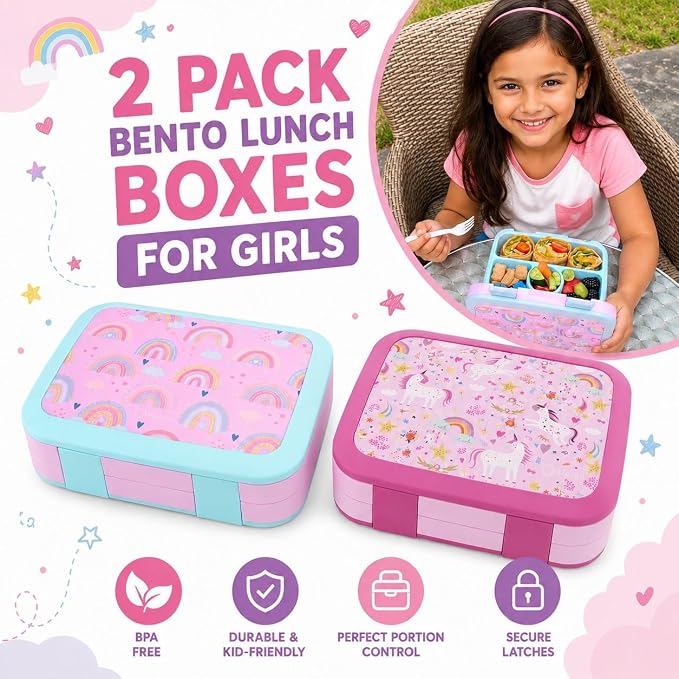 kinsho Bento Lunch Box Set for Small Kids, Snack and Meal Containers for Pre School or Daycare, 4 Compartments, BPA Free, 2 Pack Pink Unicorn + Rainbow
