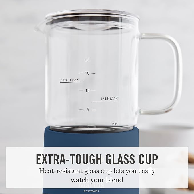 Martha Stewart 10oz Milk Frother & Steamer, 4 Presets, 300ml Glass Pitcher | Light, Dense, Cold Foam & Hot Chocolate, Ready in 90 Seconds, Cordless Pouring, Runs Quiet, Almond, Soy & Oat Milk, Indigo
