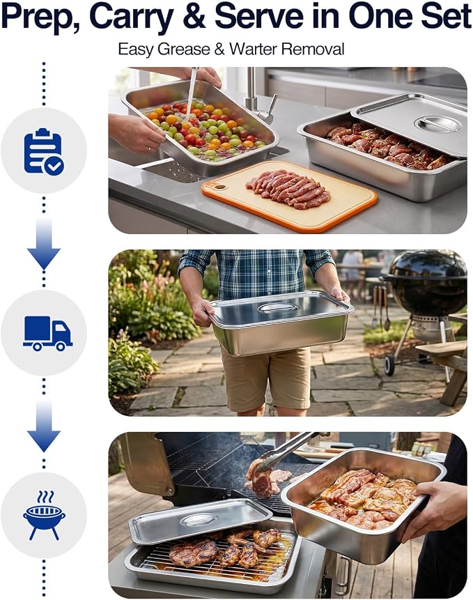 Pro 6 in 1 Grill Prep Tray and Carry System, Large Grilling Prep and Serve Trays with Lid and Cutting Board, Deep Meat Marinating Container as BBQ Grilling Gift, Pro Series, XL