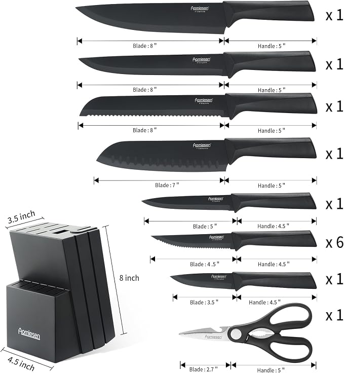 Stainless Steel Knife Set, Knife Block Sets with Built-in Sharpener,15-Piece Block Set with Block and Ergonomic Handles