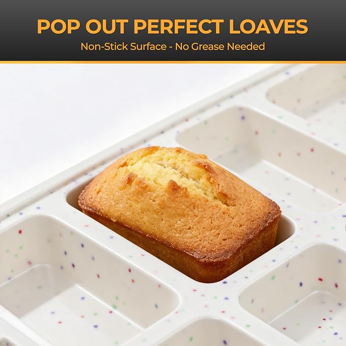 Silicone Mini Loaf Pan 2 Pack with Reinforced Metal Frame 12-Cavity | Non-Stick Baking Mold for Banana Bread, Cornbread & Keto Snacks - Easy Release & Dishwasher Safe, Cream with Color Dots