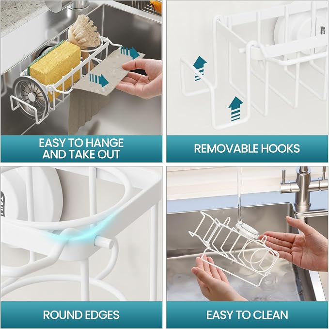 TAILI 4-in-1 Sink Sponge Holder for Kitchen with Strong Suction Cup-White | Removable Sink Caddy with Suction Cup, Rustproof 304 Stainless Steel Multi-compartment Sink Organizer for Sponge, Brushes