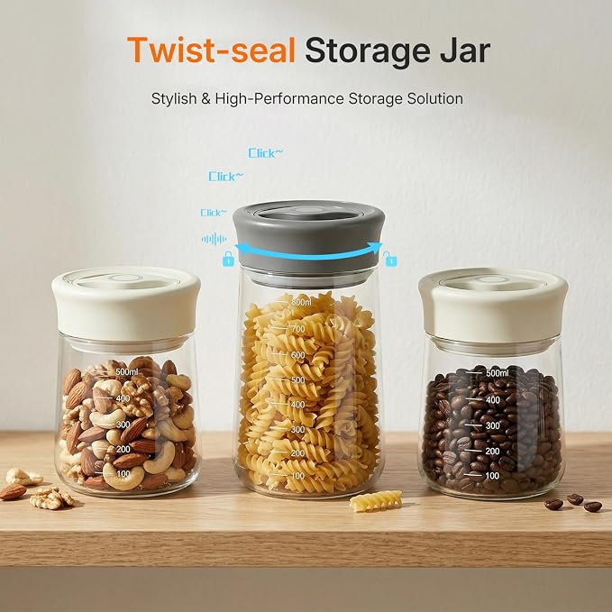 2-Pack 27oz Glass Jar with Airtight Lid for Coffee Beans, Rotary Twist-Seal | Upgraded Wide Mouth Mason Jar With Scale, Clear Borosilicate, Easy Open/Clean, Twist Lock Freshness for Nuts, Cookie, Cereal