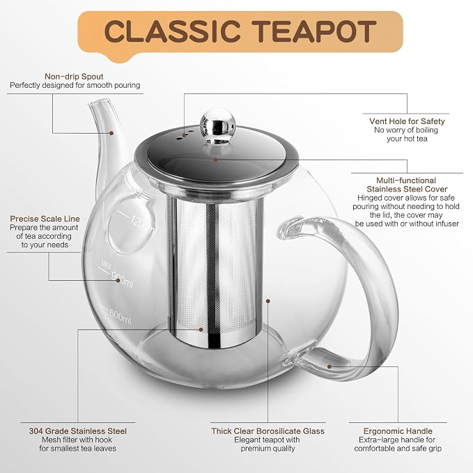 Glass Teapot, Zpose 40oz/1200ml Tea Pot with Removable Stainless Steel Infuser, Clear Glass Tea Kettle with Scale Line, Stovetop Safe Teapot for Blooming Tea & Loose Leaf Tea, Gift Box for Tea Maker