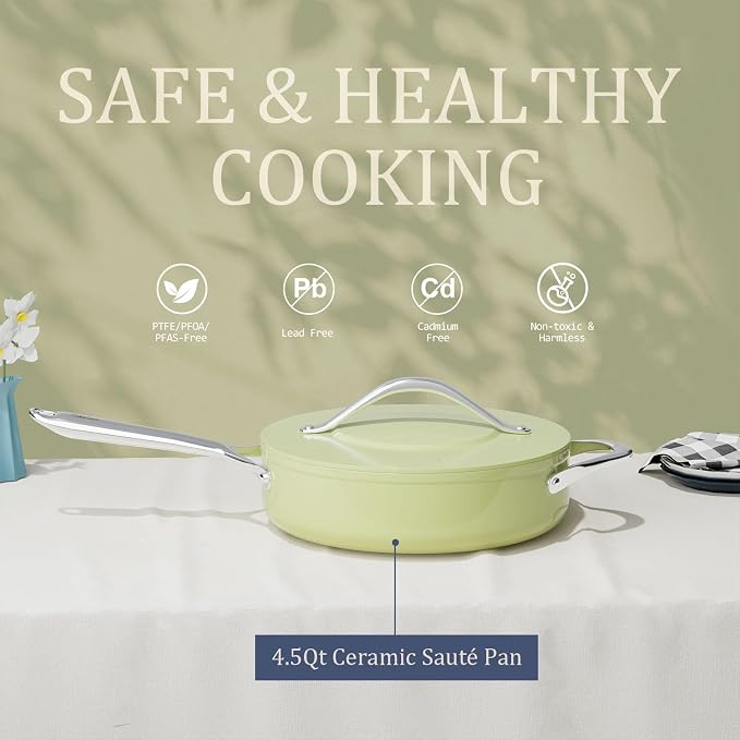CookinCraze Premium Ceramic Sauté Pan with Lid, 4.5 QT Nonstick Deep Pan | for Healthy Cooking, PFAS & PTFE Free, Induction Compatible, Oven Safe up to 500°F, Stay-Cool Handle, Olive Green