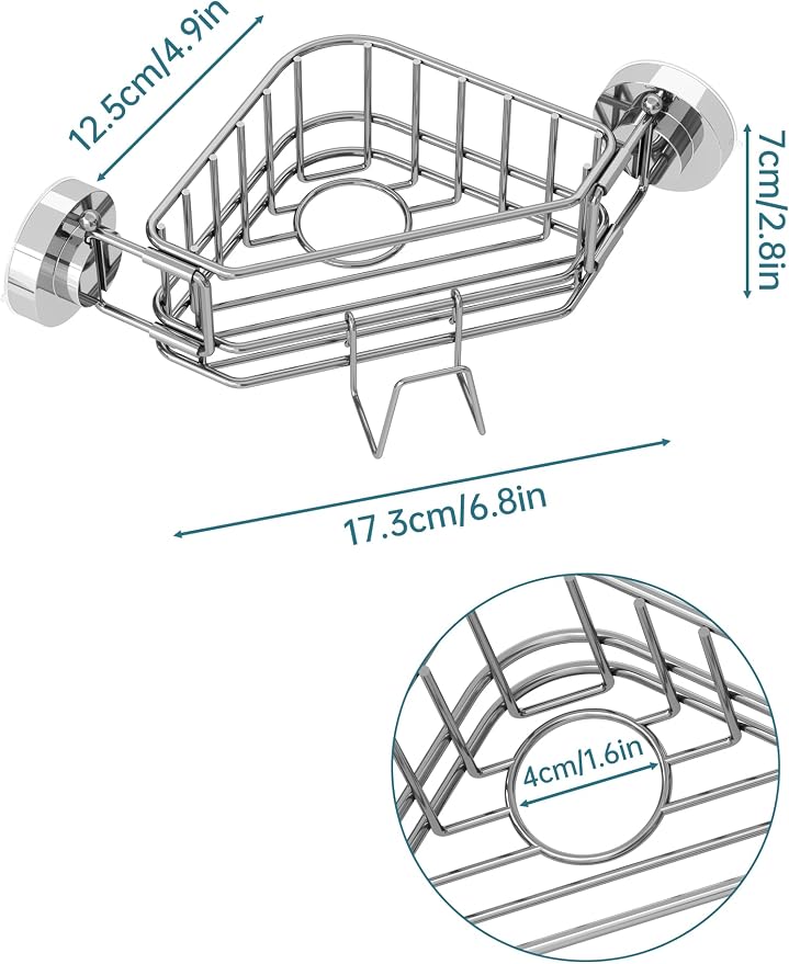 NiHome Corner Sink Caddy, 304 Stainless Steel, Twist-Lock Suction Cup | Repositionable Vacuum Mount And Adjustable Arm Fit Diverse Sinks Saving Countertop Space