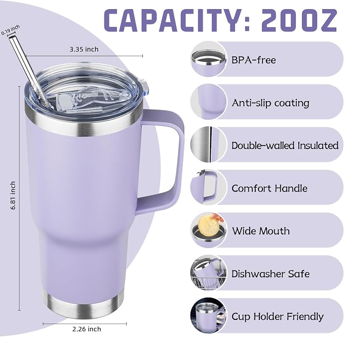 20 oz Tumbler with Handle Stainless Steel Insulated Coffee Mug Tumbler with Lid and Straw Double Wall Vacuum Insulated Coffee Mug Leak Proof Travel Tumbler for Hot and Cold Drink (Pale Purple,1pack)