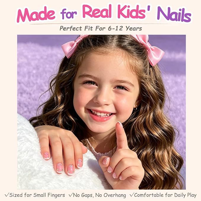 24pcs Kids Press on Nails, French Tips 3D Nail Rhinestones for 6-12 Years | Square Press on Nails for Kids, 12 Size, Non-Toxic, Fashion Nail Kit with Adhesive Tabs, Nail File, for Christmas, Birthday