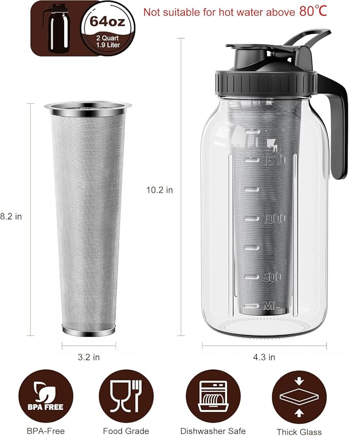2 Pack Cold Brew Coffee Maker, 64oz Mason Jar Pitcher with 100μm 304 Filter | 100μm Fine Mesh, 304 Stainless Steel Filter, Airtight, Leakproof, Pour Flip Spout, Ergonomic Handle, Wide Mouth, Heavy-Duty
