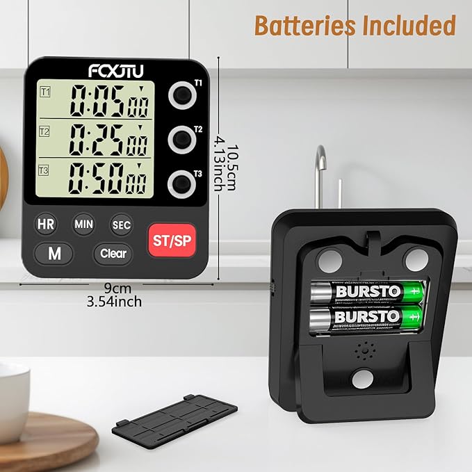 Digital Dual Kitchen Timer, 3-Channel Triple Magnetic Countdown for Cooking | Multi-Groups Independent Countup Food Timer, Large Display, Memory Presets, Loud Alarm & Mute, 3A Battery & Stand Included