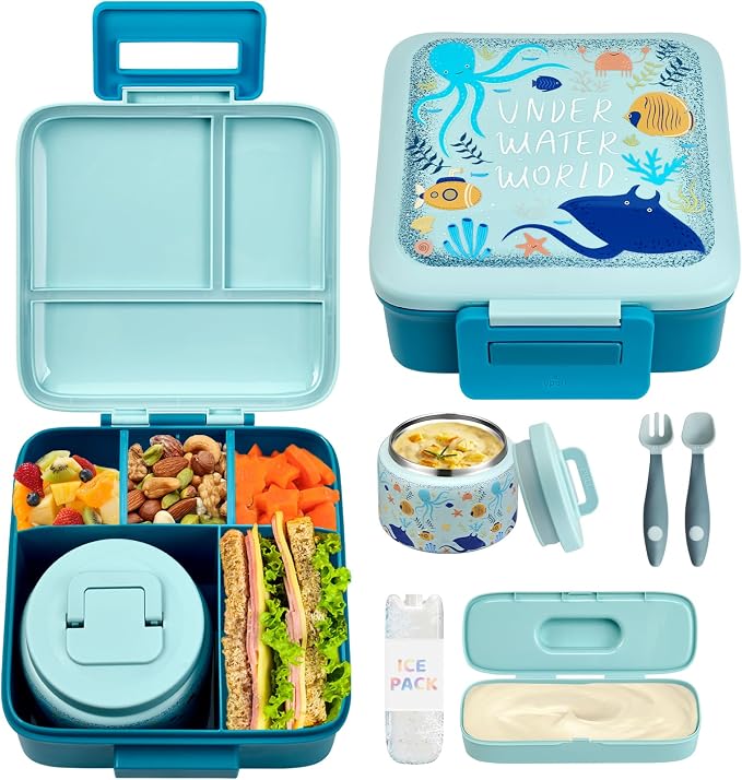 JXXM Bento Lunch Box for Kids with 8oz Soup Thermo,Leak-Proof Lunch Containers with 5 Compartment,Thermo Food Jar Food Containers for School (Blue-Octopus)