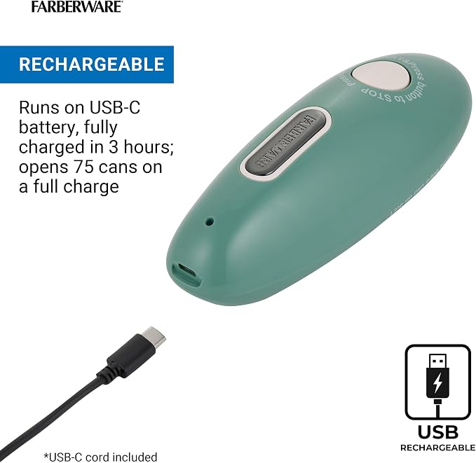 Farberware USB Rechargeable Electric Can Opener – Hands-Free Automatic Can Opener with Built-In Battery, Magnetic Lid Lifter, Compact Design, USB-C Charging Cord, Green