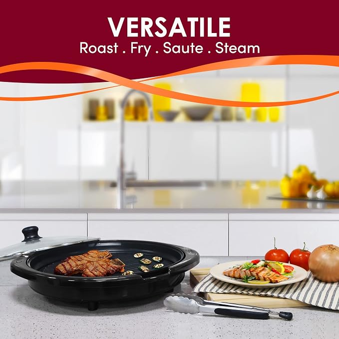 Elite Gourmet EMG-980BX Indoor Electric Round Grill, Non-Stick, 14" Black | Cool-touch handles, fast heat-up, dishwasher-safe with glass lid - great for low-fat meals, easy cleanup