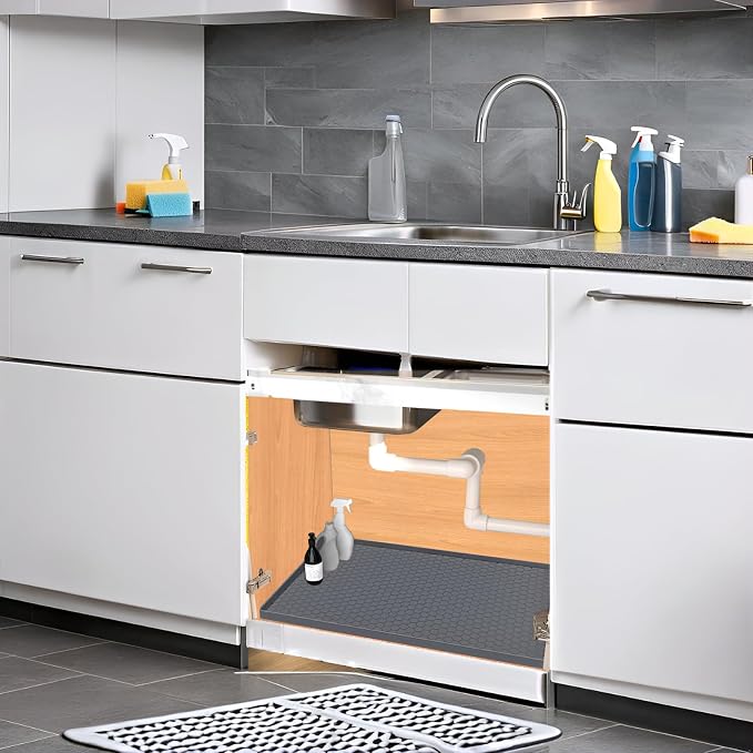 Under Sink Mat 34 x 22 for Kitchen Waterproof, Silicone Under Sink Liner Mat for Bottom of Kitchen Sink, Easy to Clean Bathroom Cabinet Mat Organizers and Storage, Grey