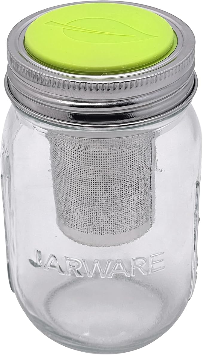 Jarware Glass Mason Jar & Tea Infuser Lid, Jar & Stainless Steel Tea Filter | Steep Loose Leaf Tea In The Regular Mouth 16oz Mason Jar Set | Brew Hot or Iced Tea At Home | Mason Jar Steeper Set