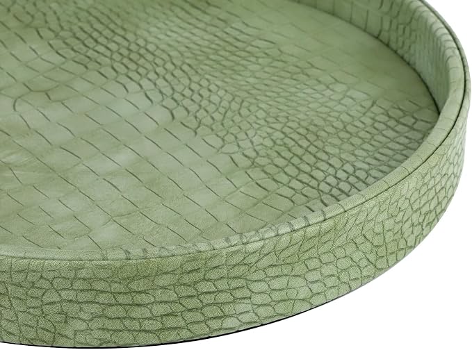 HofferRuffer Faux Leather Round Serving Tray, Vegan Croco Leather Decorative Food Tray for Storage Drinks, Snack & Cosmetics, Dia.12'' x 1.6'' (Light Green)