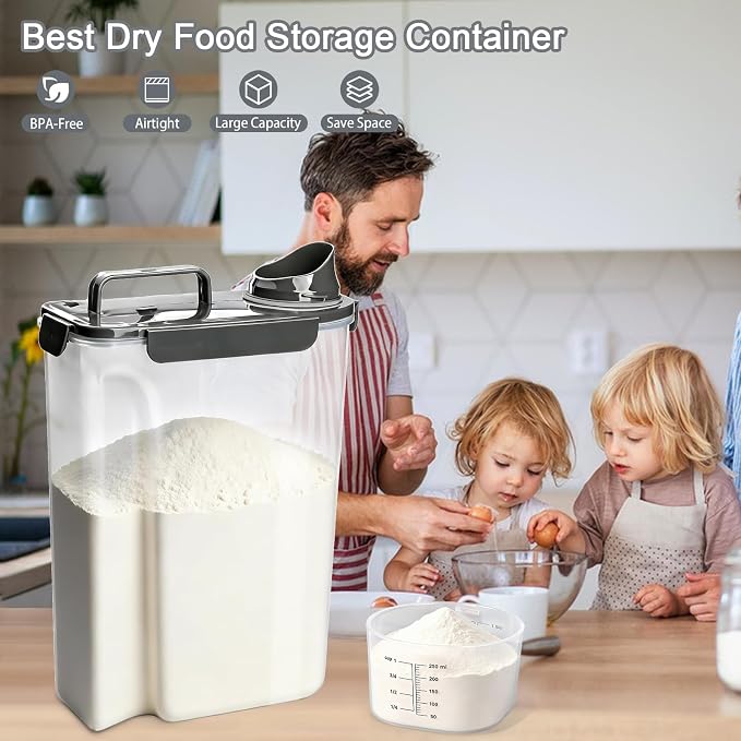 Rice Storage Containers, Rice dispenser with Pouring Spout Portable Handle for Flour, Pasta, Grain and Baking, Pet Dog Cat Bird Food Container 20 LB Grey