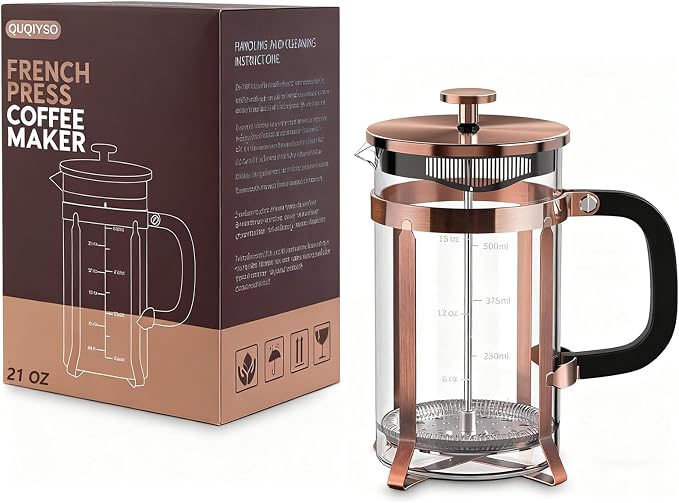 QUQIYSO French Press Coffee Maker 21oz,Borosilicate Glass Coffee Press | Thickened Glass Stainless Steel Coffee French Press,Easy to Clean,4 Filter Suitable for Kitchen Party Camping Gifts (Copper)