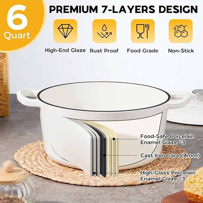 Onader 6 Quart Dutch Oven Pot with Lid, Enameled Cast Iron Round Dutch Oven for Sourdough Bread Baking - White
