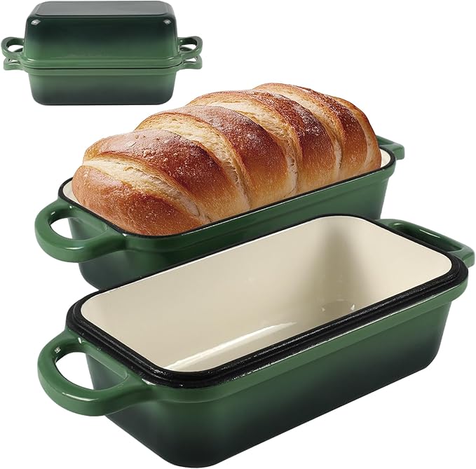 9 x 5 Inch Bread Pan Enameled Cast Iron Loaf Pan with Lid for Baking Green | 2 in 1 Non-stick Sourdough Bread Loaf Pan for Homemade Bread, Oven & Stovetop Safe for Gas, Electric & Induction