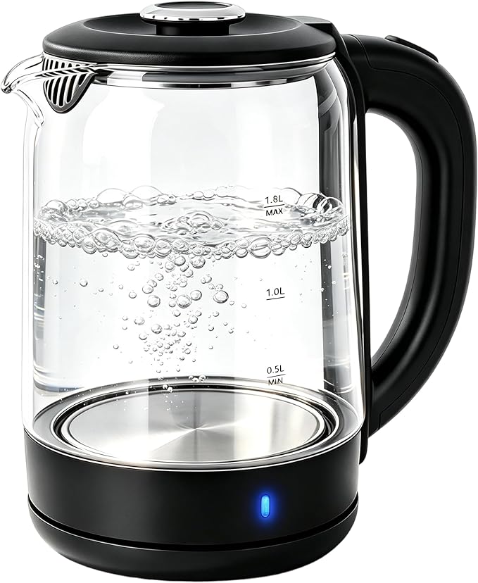 1.8L Glass Electric Kettle for Tea and Coffee | 1000W Rapid Boil Hot Water Kettle, Borosilicate Glass, Auto Shut-Off, BPA Free, Easy Cleaning, Cordless 360°Swivel Base