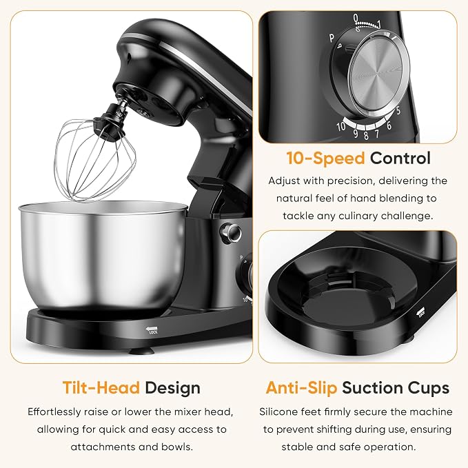 NEWBULIG Stand Mixer 4.2QT, Kitchen Electric Mixers Alternative | 10-Speed Dough Hook, Whisk, Beater & Splash Lid, Multi-Cover for Baking, Cakes and Home Cooking Needs