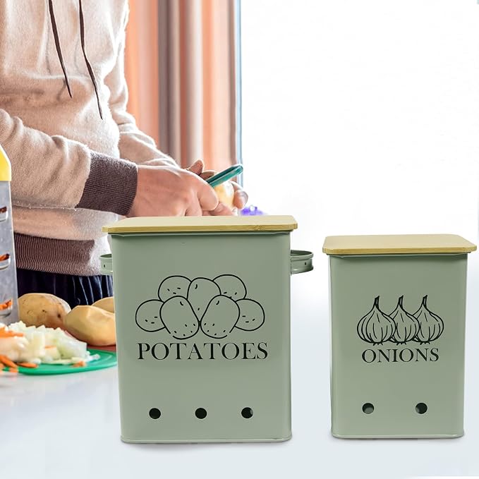 Kitchen Vegetable Storage Tins Set of 2, Onion and Potato Storage Bins with Wooden Lid and Aerating Holes, Garlic Bin Caddy, Vintage Kitchen Decor, Green