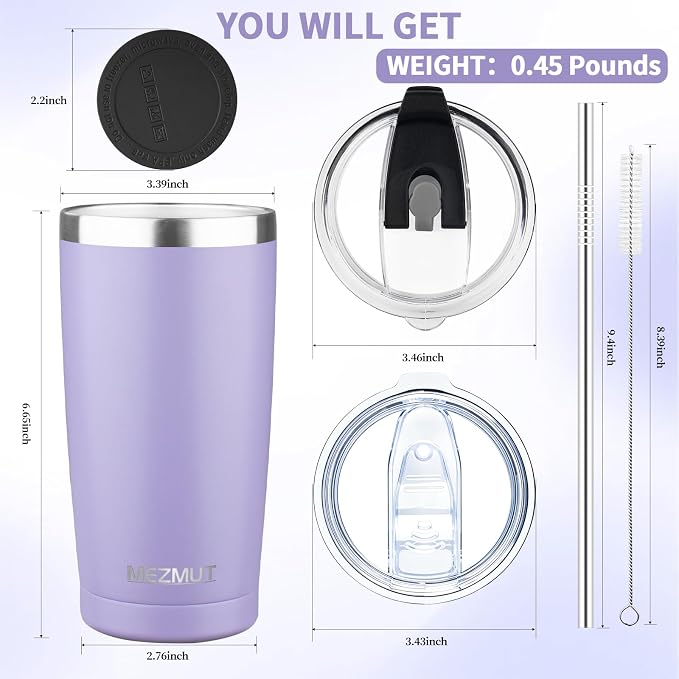 MEZMUT 20oz Insulated Tumbler Travel Coffee Mug with Lid Straw(Purple,1) | 18/8 Stainless Steel Double Wall Vacuum Spill Proof Metal Insulated Tumbler with Daul Lid and Straw, Hot or Iced Coffee Cup