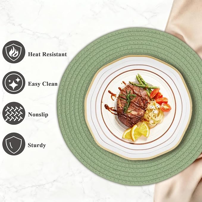 Round Placemats Set of 6, Cotton Rope Woven Table Mats, Hot Pads for Kitchen, Non Slip Heat Resistant Place Mats, 13 Inches Braided Placemat for Farmhouse Decor and Kitchen Table Decor (Green)