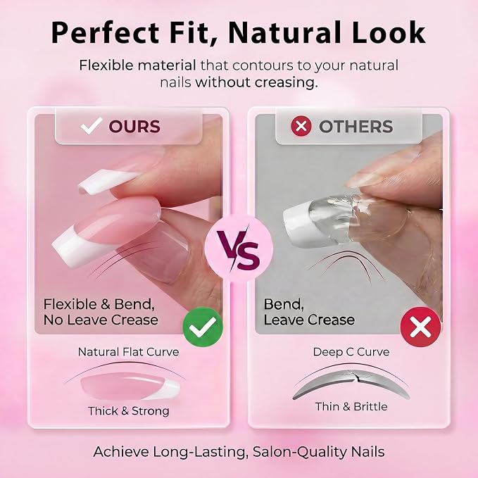 240pc Medium French Tip Press on Nails Square Fake Nails with Glue Tabs | Medium Nails Press ons Square Glue on Nails Pink Acrylic Nails Stick False Nail Artificial Fingernail for Women Girls