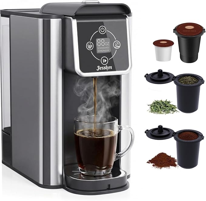 Jesslyn 3-in-1 Single Serve Coffee Maker, Compatible with K-Cup Pods, Ground Coffee & Loose Leaf Tea, Coffee Machine with 50oz Removable Water Reservoir, 6-10oz Brew Sizes, Fast Brewing(Black)