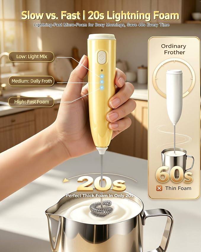 Milk Frother Handheld,Portable Electric Drink Mixer&Wand,Egg Whisk (Yellow) | USB C Rechargeable | 3 Detachable Whisks | 3 Adjustable Speeds | Quiet Operation | For Coffee, Latte, Matcha,protein powder