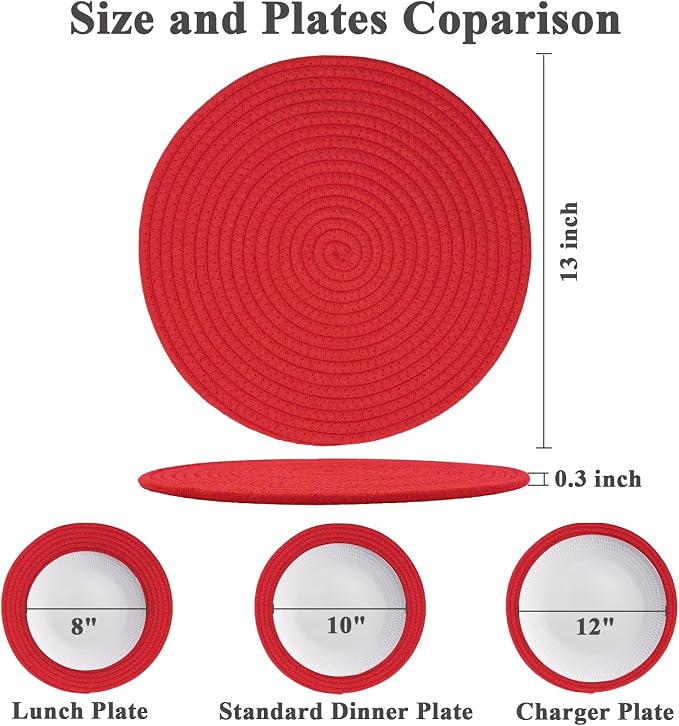 Round Placemats Set of 6, Cotton Rope Woven Table Mats, Hot Pads for Kitchen, Non Slip Heat Resistant Place Mats, 13 Inches Braided Placemat for Farmhouse Decor and Kitchen Table Decor (Red)
