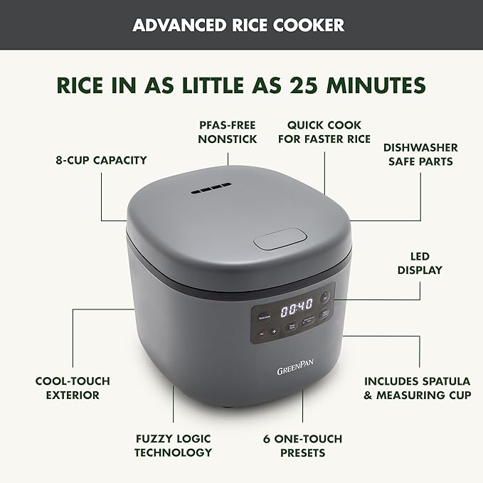 GreenPan Advanced Rice Cooker, 4-Cups Uncooked/8-Cups Cooked, Removable Nonstick Ceramic PFAS-Free Pot, White & Brown Rice, Family Sized, Quick Cook in 25mins, 6 Presets, Fuzzy Logic Tech, Graphite