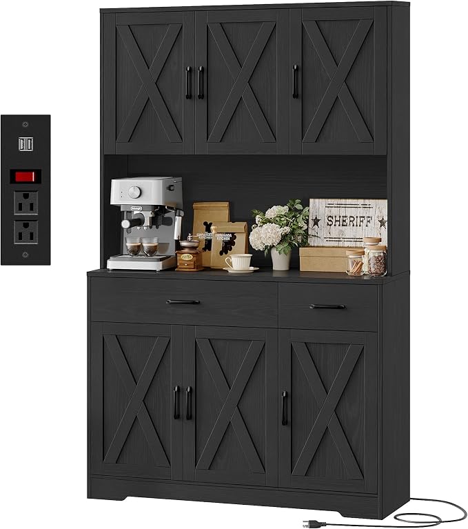 HOSTACK 71" H Kitchen Pantry Storage Cabinet,Farmhouse Hutch Cabinet, Black | Space-Saving Pantry Cabinet with Charging Station & 2 Large Drawers & Adjustable Shelves, Tall Kitchen Hutch, Dining Room