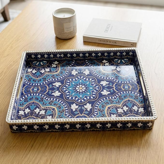 Boho Serving Tray with Handles, Large Rectangular Decorative Ottoman Tray with Gold Beaded Rim, Blue Floral Mandala Design, for Coffee Table, Kitchen Counter, Vanity, 15.7”x11.8”