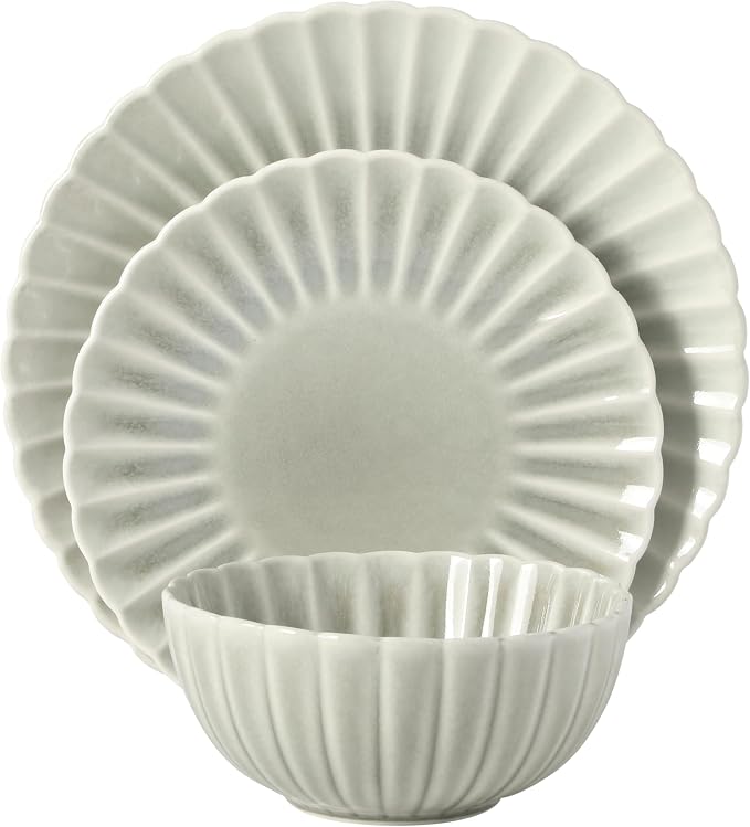 Gibson Elite Peach Orchard 12-Piece New Bone China Dinnerware Set Service for 4, Embossed Fluted Plates and Bowls, Dishwasher and Microwave Safe, Sage Green