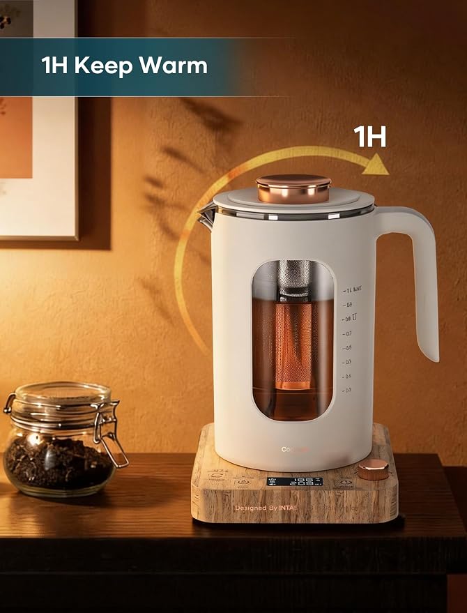 INTASTING Electric Kettle, Electric Tea Kettle with Infuser, 1 Liter | ±1℉ Temperature Control, 1200W Fast Heating, BPA-Free Glass, Easy to Clean, Keep-warm, Auto shut-off, Cream