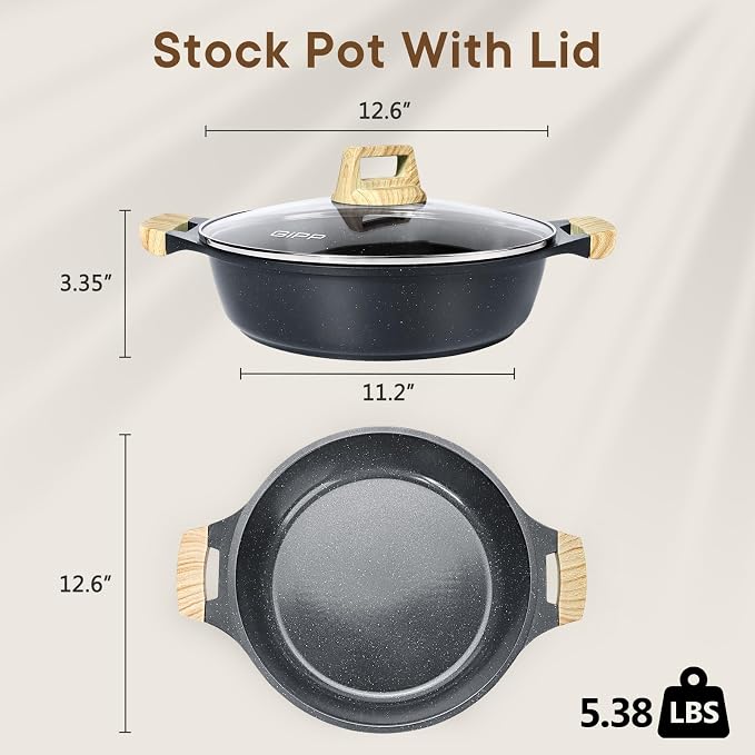 GiPP 6QT Nonstick Stock Pot with Lid Soup Pot,12.6 Inch Non Toxic Stockpot for Cooking,Stew Pot with Nonstick Ceramic Coating,Non Stick Cooking Pot Compatible with All Stoves,PFAS/PTFE/PFOA Free,Gray