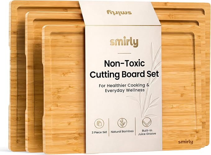 SMIRLY Bamboo Cutting Board - 3 Pack Wood Cutting Boards for Kitchen | Non Toxic Wooden Cutting Board with Juice Grooves and Handles, Multiple Sizes Chopping Board for Meal Prep & Charcuterie