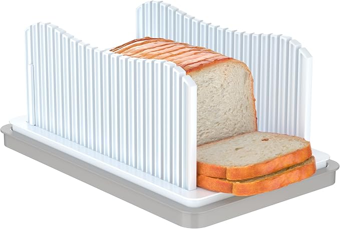 CAWIU Bread Slicer for Homemade Bread, Adjustable Width Bread Slicing Guide | Foldable Bread Cutter with Crumb Tray, Compact Cutting Guide for Loafs, Sandwiches, Bagels, and Cakes
