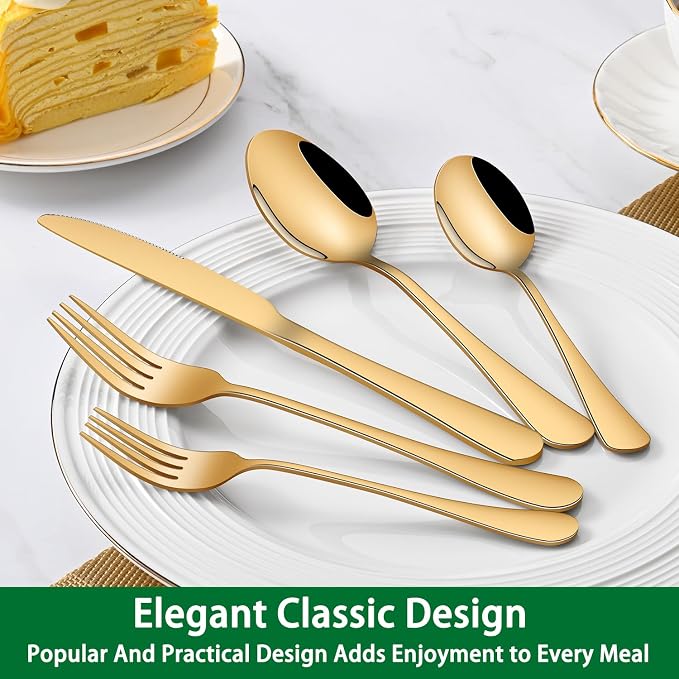 DEHOV 30 PCs Gold Flatware Sets Service For 6 Person,Shiny Gold Stainless Steel Silverware Sets Dinner Knives Fork And Spoons For Home Party And Wedding