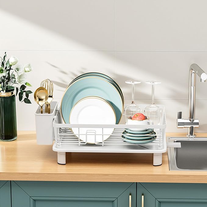 Small Dish Drying Rack, Space Saving Dish Racks for Kitchen Counter, Kitchen Organizer Dish Drainer with Cutlery Holder for Spoons and Forks, 11''W x 15''L, White