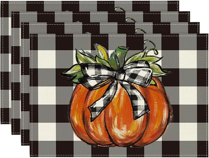 Artoid Mode Buffalo Plaid Pumpkin Fall Placemats Set of 4, 12x18 Inch Seasonal Autumn Table Mats for Party Kitchen Dining Decoration | Heat-Resistant Table Mats, Washable Seasonal Autumn Bowknot Kitchen Dining Decor