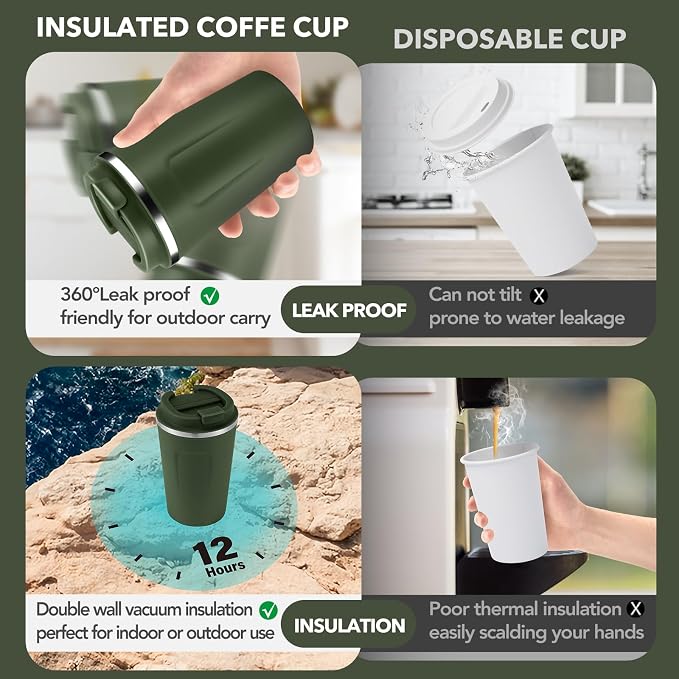 Volhoply 12 oz Double Wall Insulated Vacuum Travel Coffee Mug with Flip Lid,Reusable Stainless Steel Leak Proof Coffee Cup,Portable Cafe Thermal Tumbler Suitable for Hot&Cold Drinks(Army Green,1 Set)