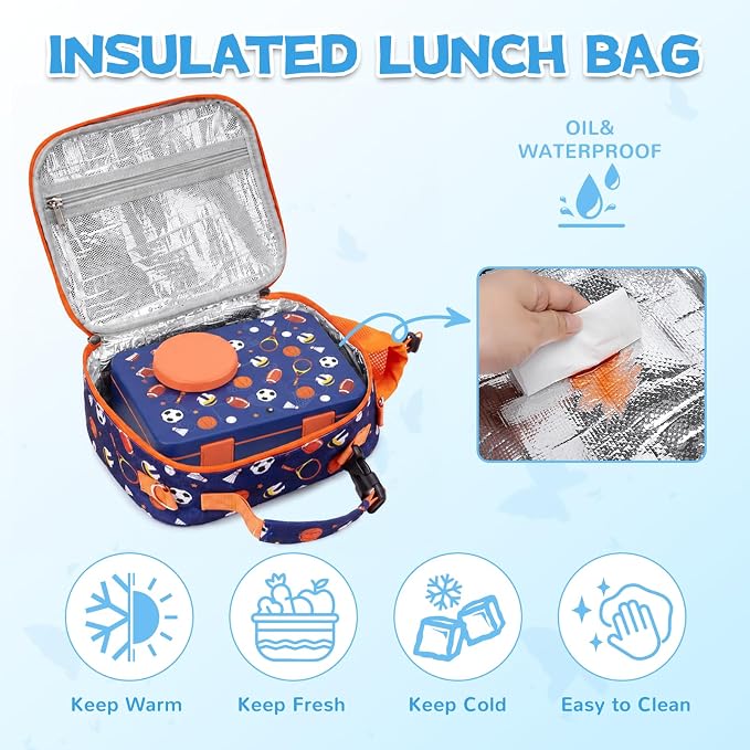 Bento Box for Kids, Leakproof Kids Lunch Box with 8.5OZ Thermo Food Jar & Lunch Bag, 3-4 Compartments Toddler Insulated Lunch Box for Boys, BPA Free Lunch Containers for School Daycare