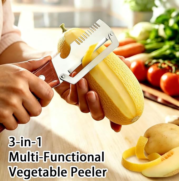 Multi-Functional Vegetable Peeler, 3 in 1 Multi Functional Wooden Handle Peeler and Bottle Opener, Kitchen Gadgets Tool for Fruit Pumpkin Peeling Potato Carrot Veggie Peeler