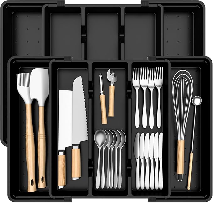 Large Expandable Silverware Drawer Organizer, Utensil Tray | Kitchen Drawer Organizer for Spoons/Forks/Knives, Multipurpose & BPA Free Cutlery Tray(2 Pack, Black)