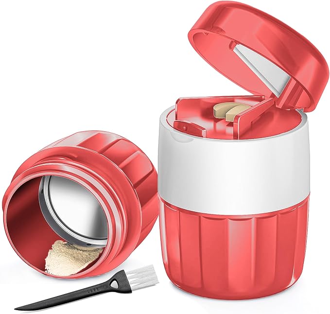 DUBSTAR 3-in-1 Pill Crusher Fine Powder Pill Grinder Pill Cutter Red | Pill Crushers for Elderly and Pet with Pill Storage and Brush, Pill Splitter for Small or Large Pills